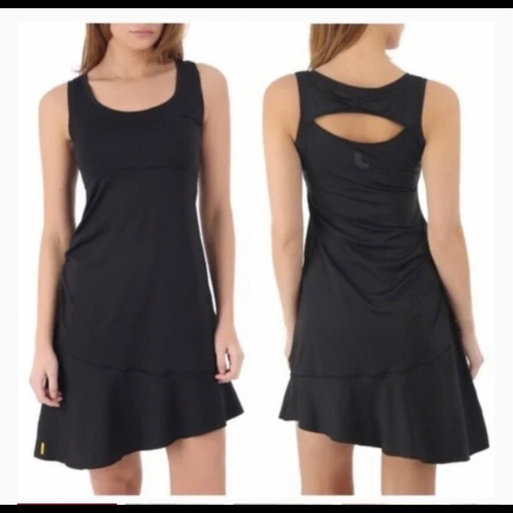 LOLE black dress with asymmetric hemline and keyhole back active dress for women